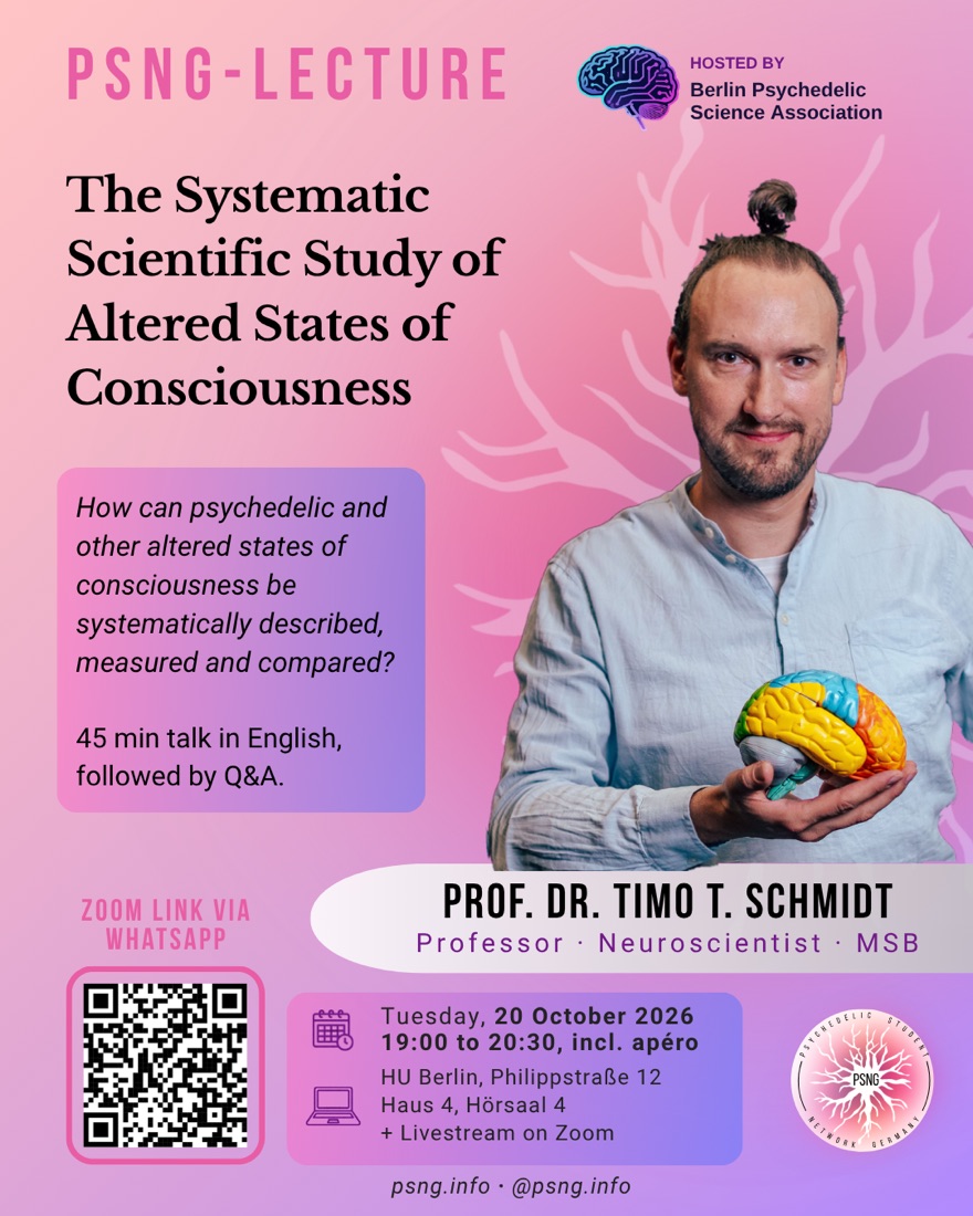 Plakat zum Talk „The Systematic Scientific Study of Altered States of Consciousness“ mit Prof. Dr. Timo T. Schmidt am 20.10.2026